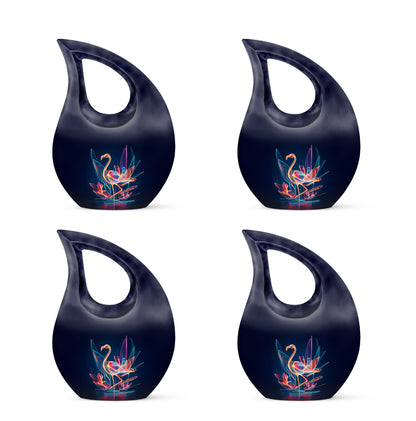 Cornflower Blue Flamingo Cremation Urn lifestyle display on memorial shelf - faith-inspired cross-drop urn with flamingo pattern - 10 inch aluminum urn for cremated remains