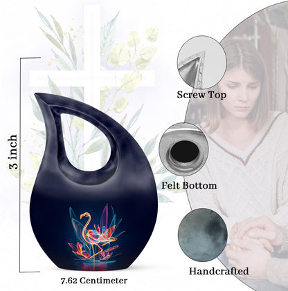 Bright Blue Flamingo Cremation Urn back view with polished surface - faith-inspired cross-drop urn with flamingo pattern - mini keepsake memorial for portion of cremation ashes