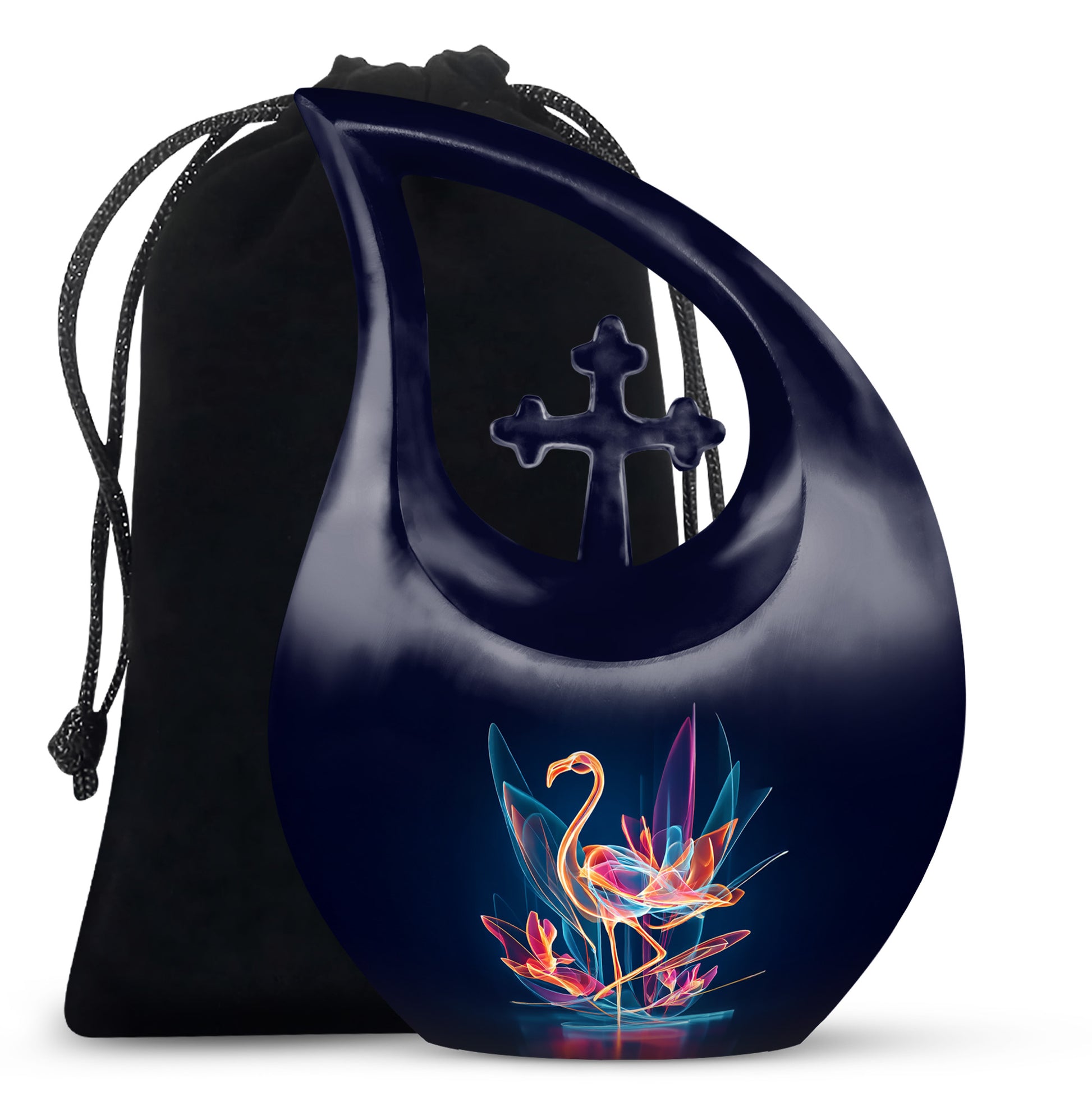 Powder Blue Flamingo Cremation Urn top-down view of secure threaded lid - cross and flamingo combined in spiritual memorial design - full-size 10 inch 200 cubic inch adult cremation urn