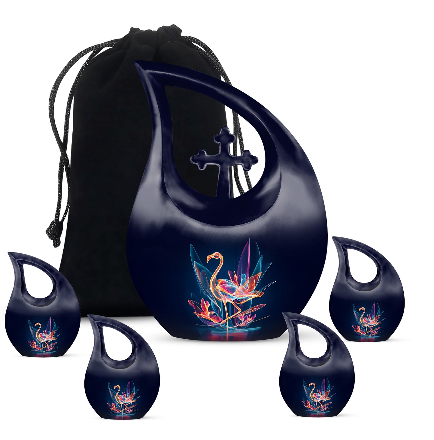 Steel Blue Flamingo Cremation Urn urn with complimentary velvet bag - faith-inspired cross-drop urn with flamingo pattern - memorial set with one large and four small urns
