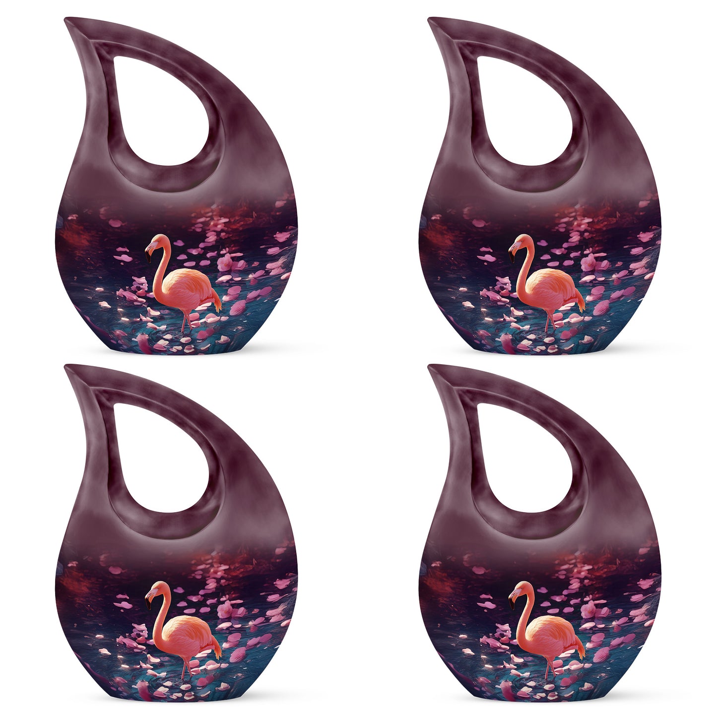 Orchid Purple Flamingo Cremation Urn lifestyle display on memorial shelf - sacred cross merged with flamingo motif on metal - 10 inch aluminum urn for cremated remains
