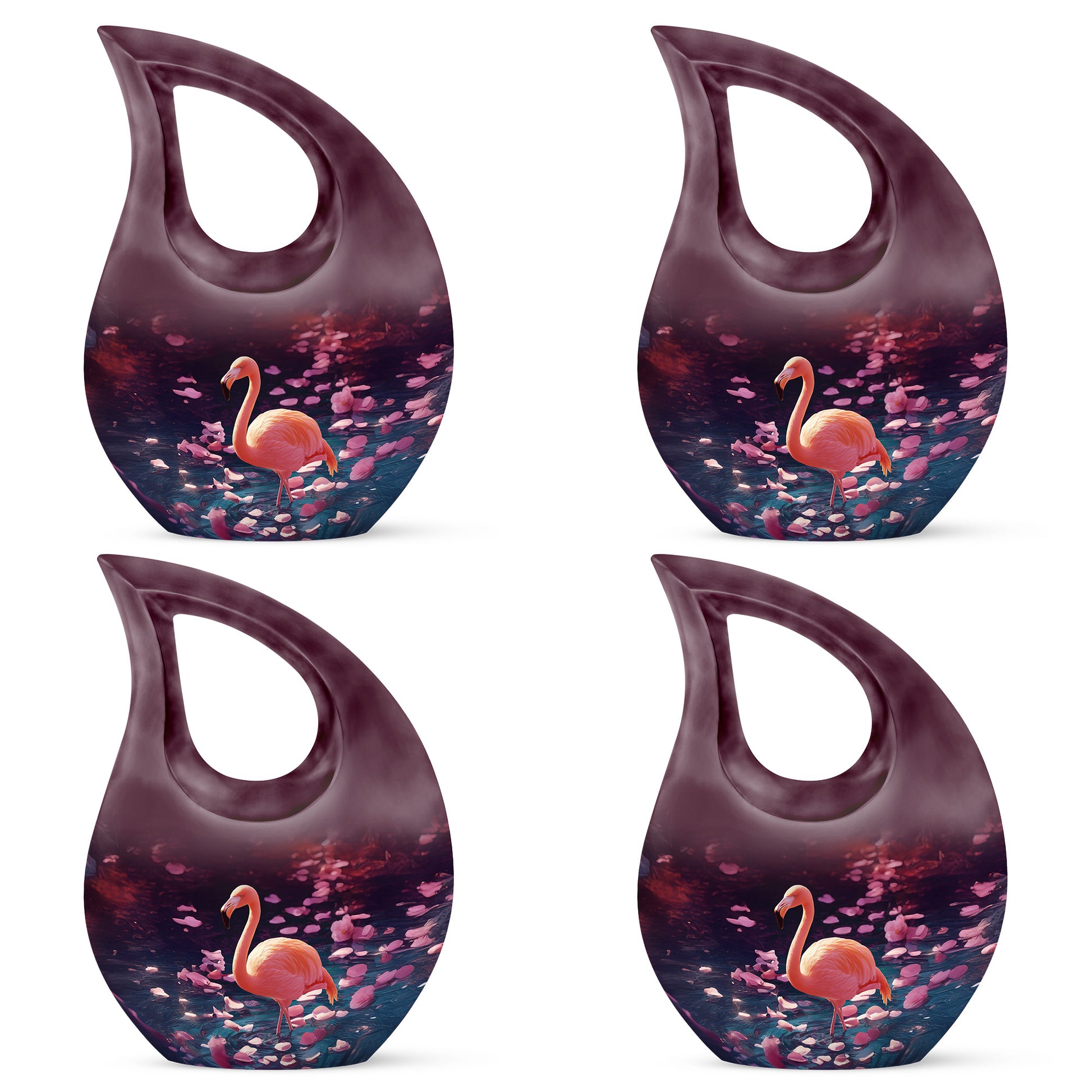 Orchid Purple Flamingo Cremation Urn lifestyle display on memorial shelf - sacred cross merged with flamingo motif on metal - 10 inch aluminum urn for cremated remains