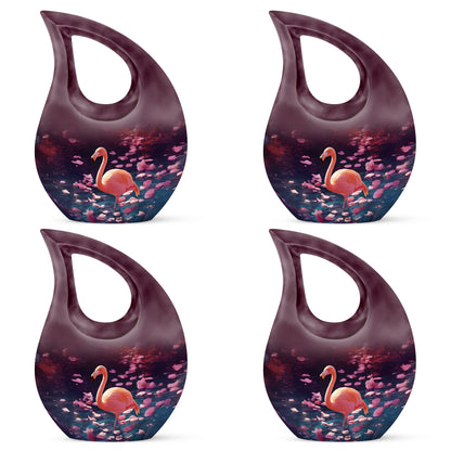 Orchid Purple Flamingo Cremation Urn lifestyle display on memorial shelf - sacred cross merged with flamingo motif on metal - 10 inch aluminum urn for cremated remains