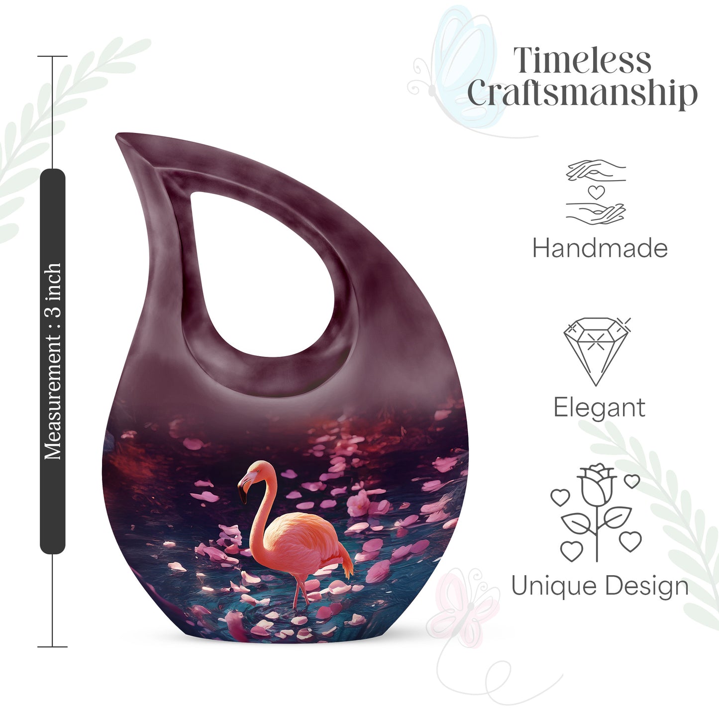 Violet Purple Flamingo Cremation Urn back view with polished surface - devotional cross-drop flamingo engraving - mini keepsake memorial for portion of cremation ashes