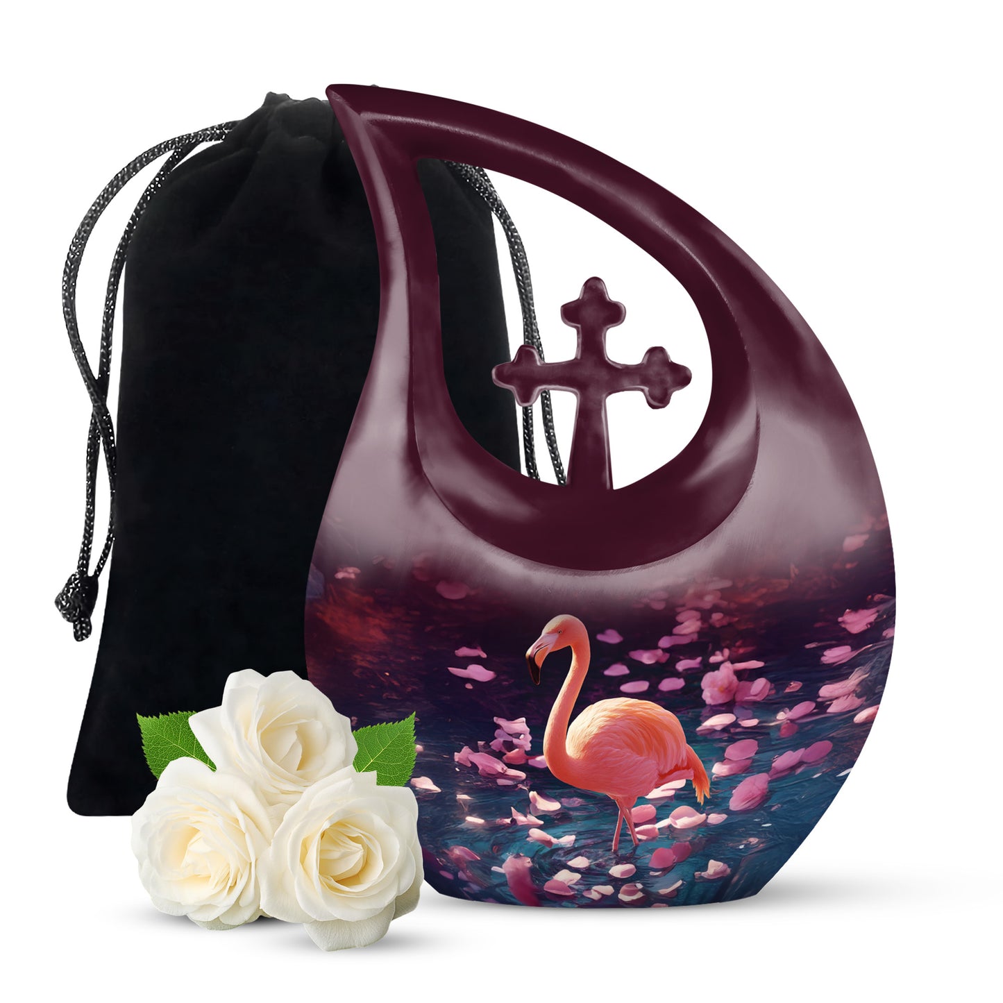 Lavender Purple Flamingo Cremation Urn top-down view of secure threaded lid - faith-inspired cross-drop urn with flamingo pattern - full-size 10 inch 200 cubic inch adult cremation urn