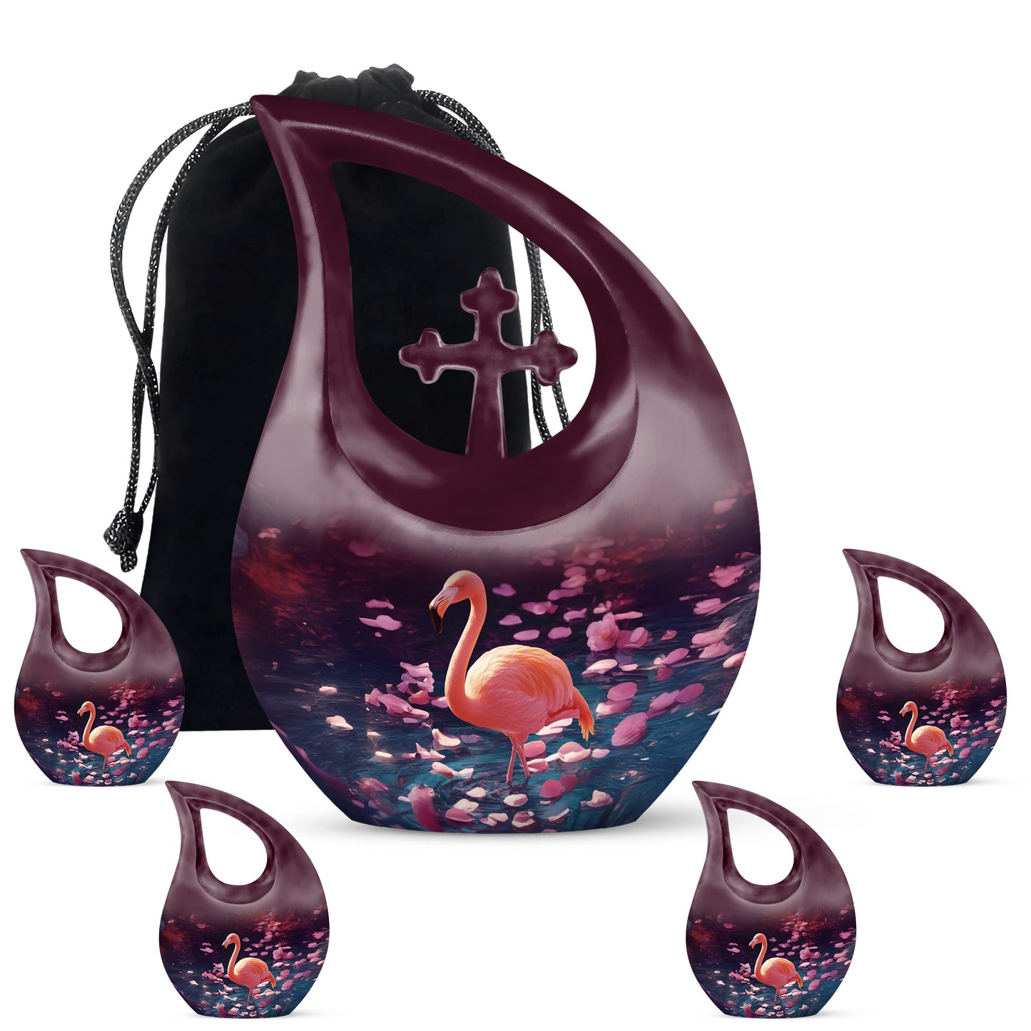 Grape Purple Flamingo Cremation Urn urn with complimentary velvet bag - faith-inspired cross-drop urn with flamingo pattern - memorial set with one large and four small urns