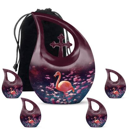 Grape Purple Flamingo Cremation Urn urn with complimentary velvet bag - faith-inspired cross-drop urn with flamingo pattern - memorial set with one large and four small urns