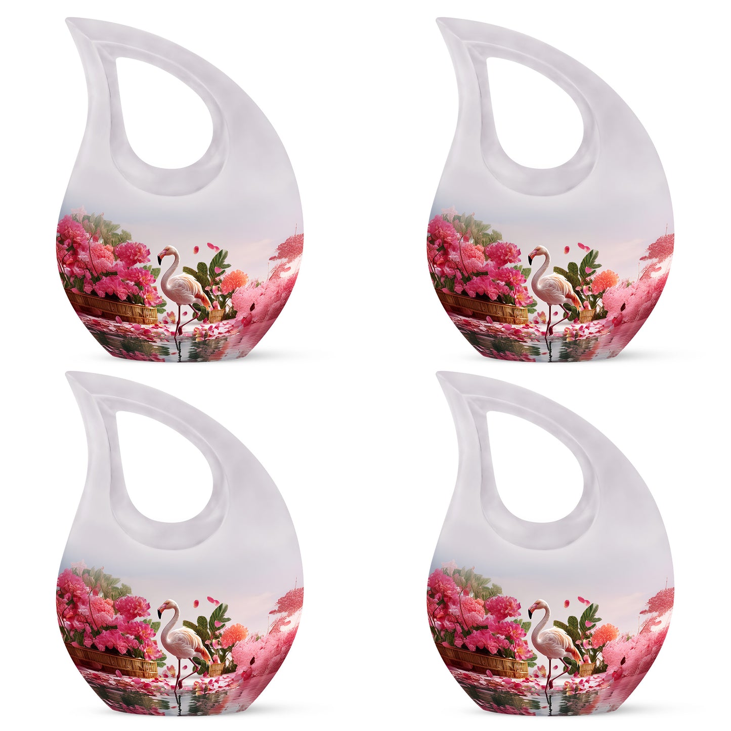Platinum Silver Flamingo Cremation Urn lifestyle display on memorial shelf - cross and flamingo combined in spiritual memorial design - 10 inch aluminum urn for cremated remains