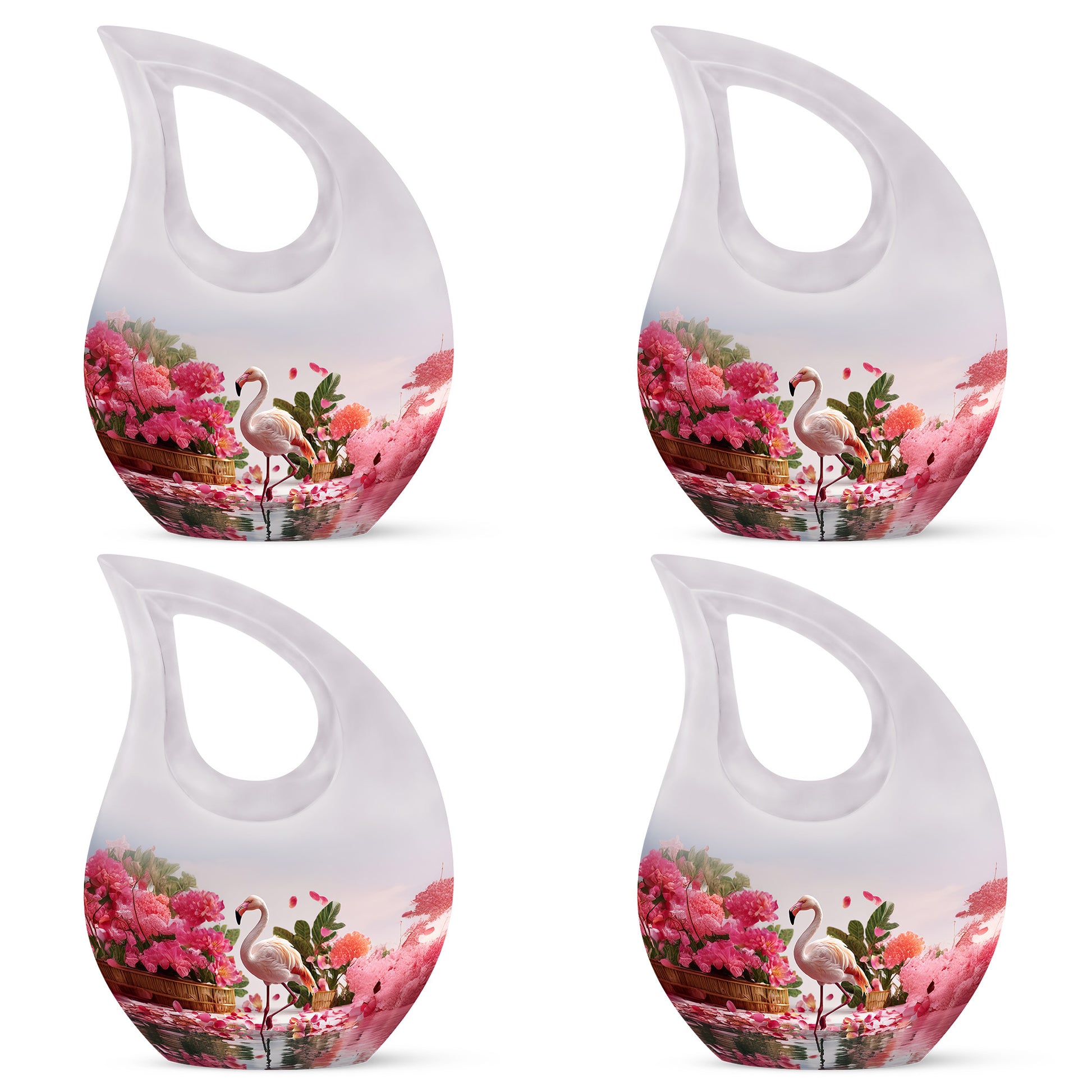 Platinum Silver Flamingo Cremation Urn lifestyle display on memorial shelf - cross and flamingo combined in spiritual memorial design - 10 inch aluminum urn for cremated remains