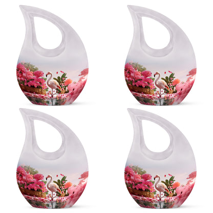 Platinum Silver Flamingo Cremation Urn lifestyle display on memorial shelf - cross and flamingo combined in spiritual memorial design - 10 inch aluminum urn for cremated remains