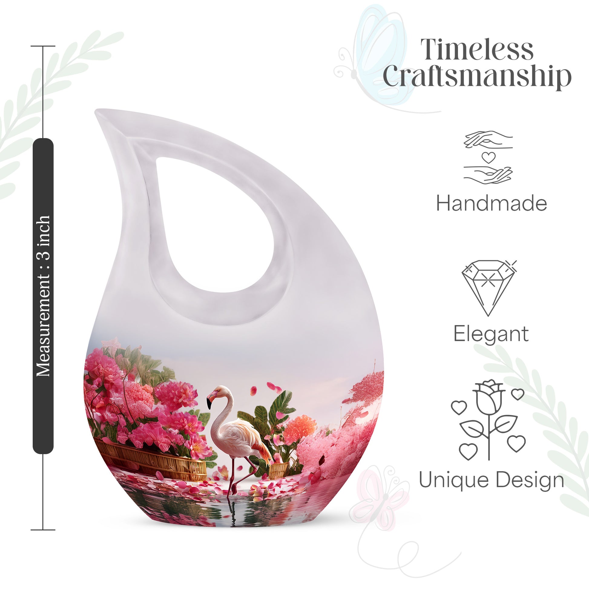Moonlight Silver Flamingo Cremation Urn back view with polished surface - devotional cross-drop flamingo engraving - mini keepsake memorial for portion of cremation ashes