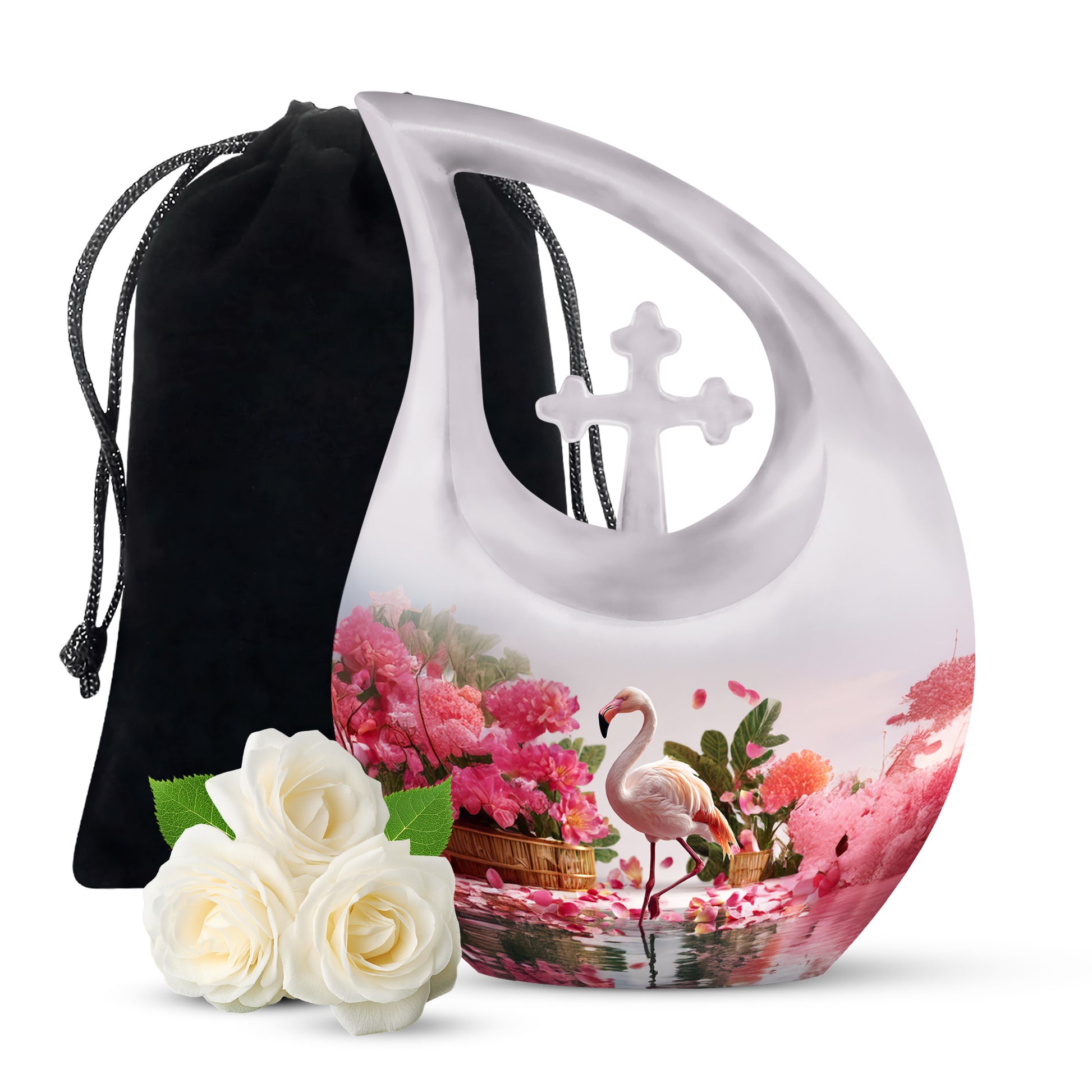 Frosted Silver Flamingo Cremation Urn top-down view of secure threaded lid - devotional cross-drop flamingo engraving - full-size 10 inch 200 cubic inch adult cremation urn