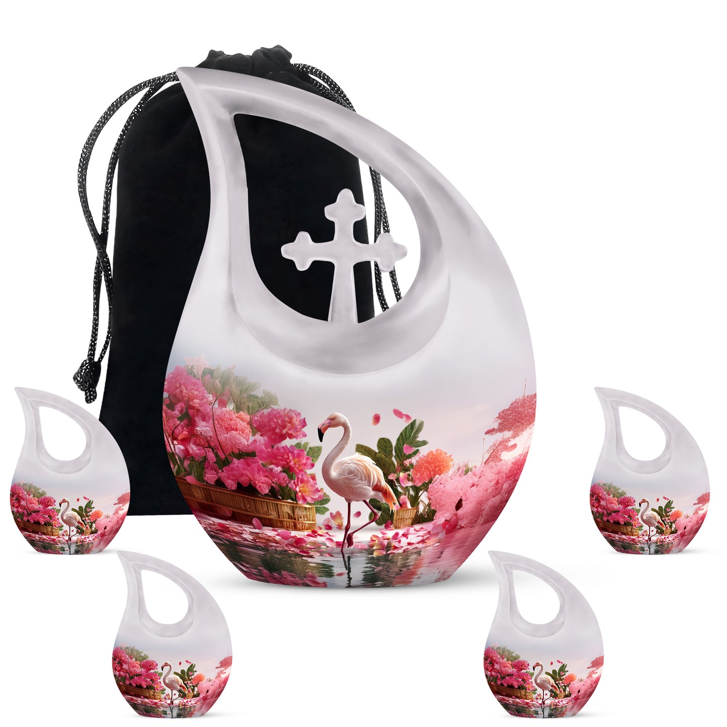 Gleaming Silver Flamingo Cremation Urn urn with complimentary velvet bag - cross and flamingo combined in spiritual memorial design - memorial set with one large and four small urns