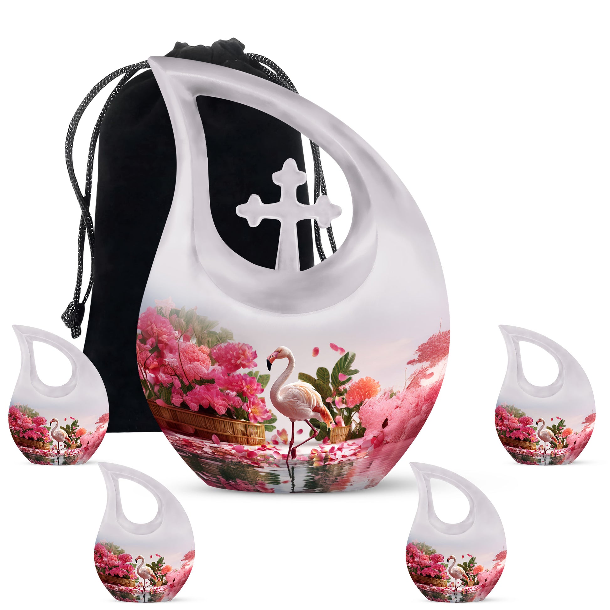 Gleaming Silver Flamingo Cremation Urn urn with complimentary velvet bag - cross and flamingo combined in spiritual memorial design - memorial set with one large and four small urns