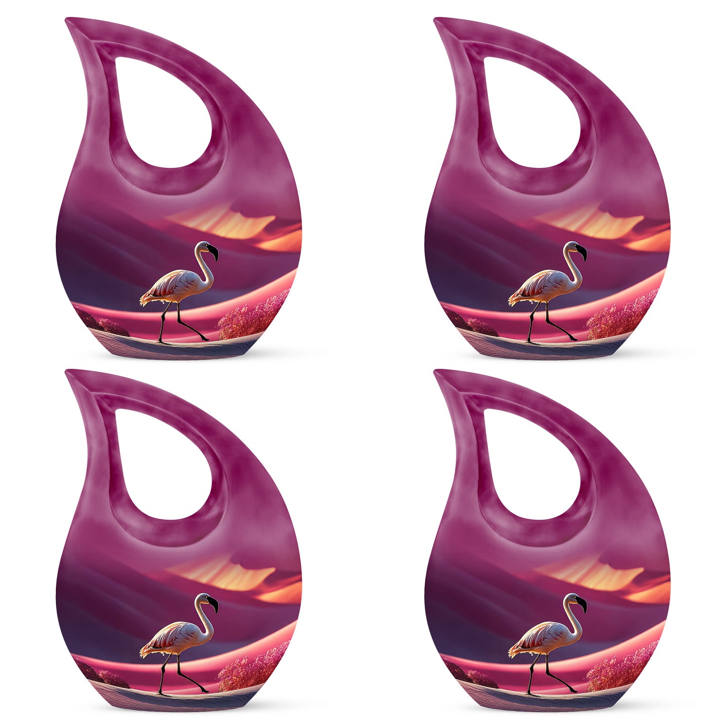 Pastel Pink Flamingo Cremation Urn lifestyle display on memorial shelf - sacred cross merged with flamingo motif on metal - 10 inch aluminum urn for cremated remains
