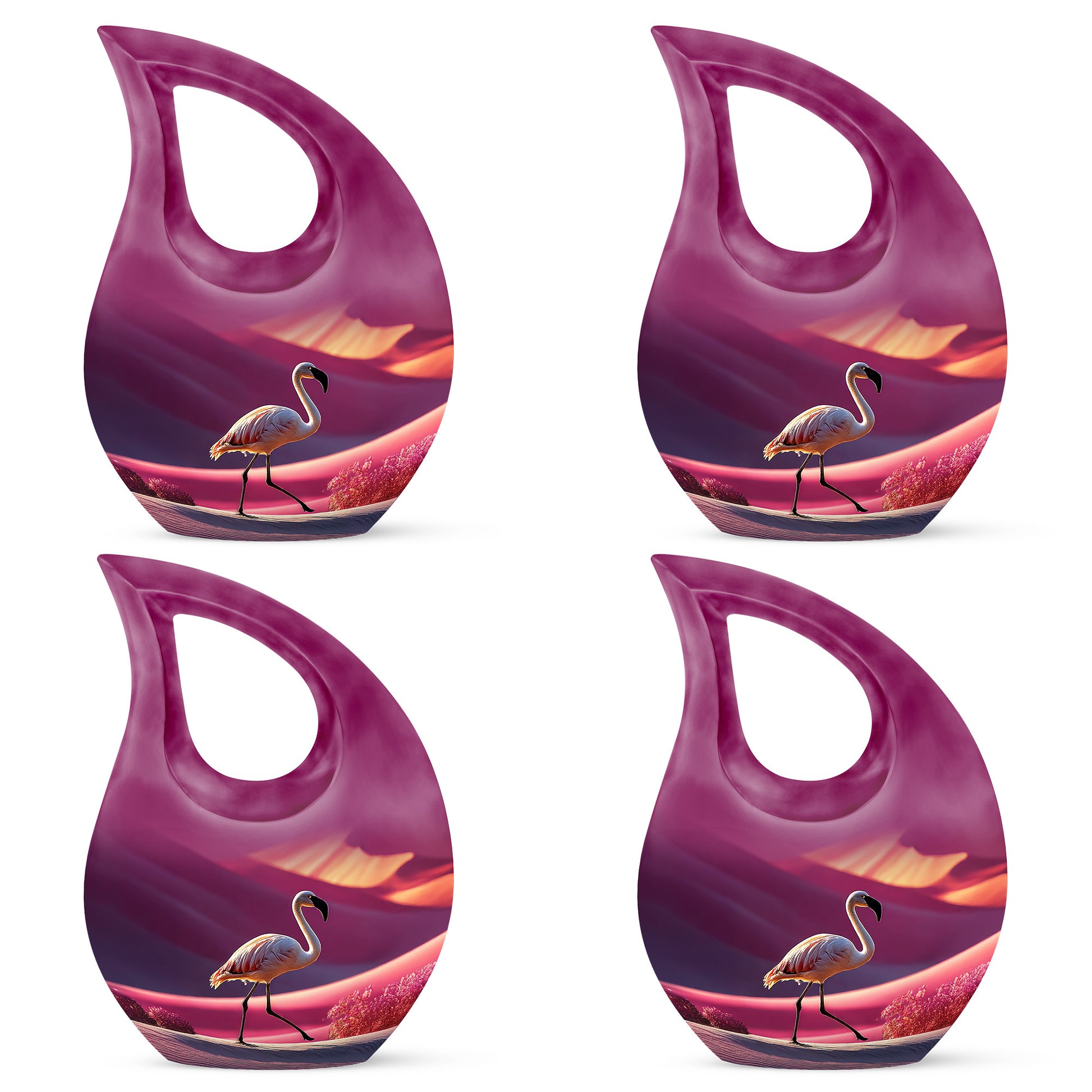 Pastel Pink Flamingo Cremation Urn lifestyle display on memorial shelf - sacred cross merged with flamingo motif on metal - 10 inch aluminum urn for cremated remains