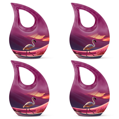 Pastel Pink Flamingo Cremation Urn lifestyle display on memorial shelf - sacred cross merged with flamingo motif on metal - 10 inch aluminum urn for cremated remains