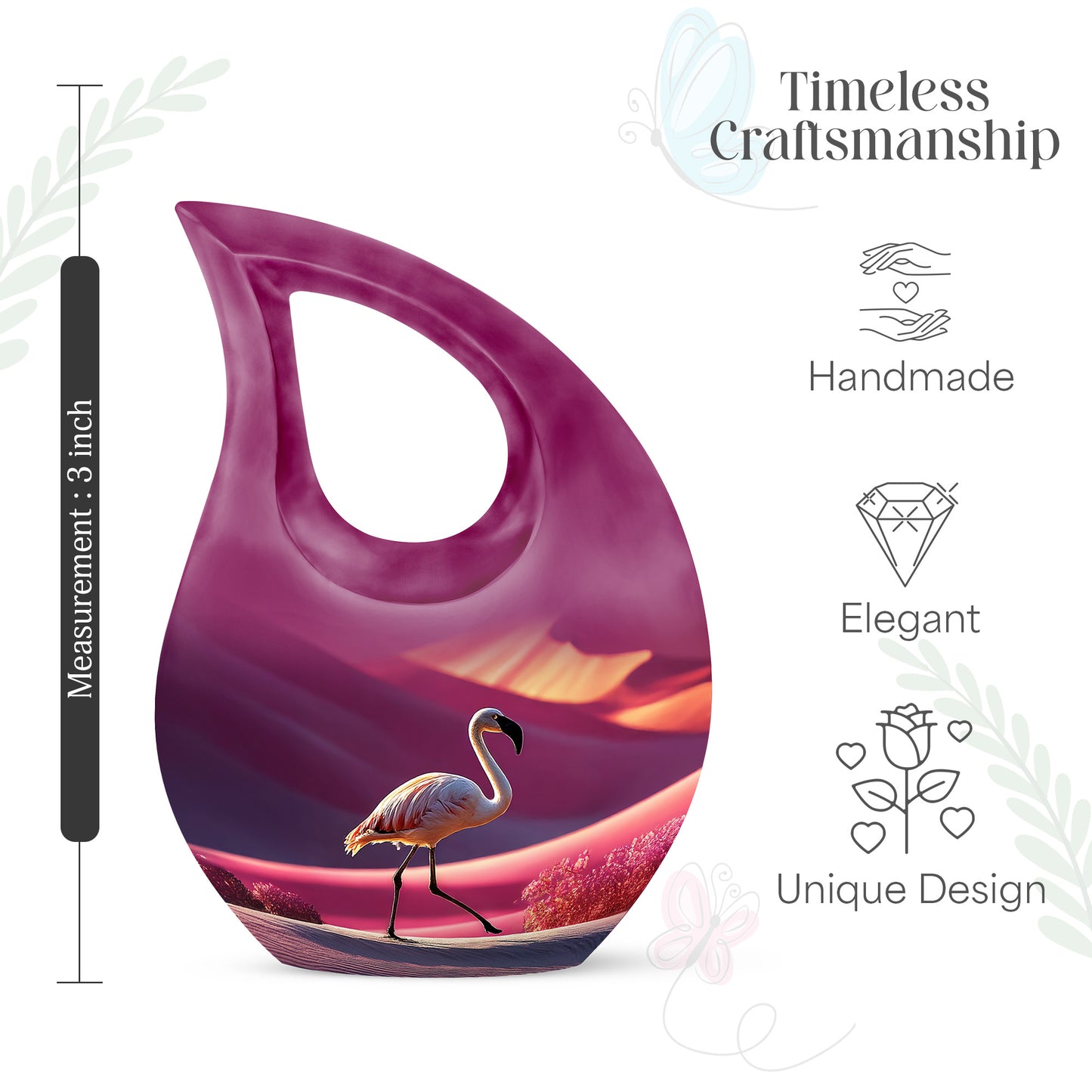 Blush Pink Flamingo Cremation Urn back view with polished surface - sacred cross merged with flamingo motif on metal - mini keepsake memorial for portion of cremation ashes
