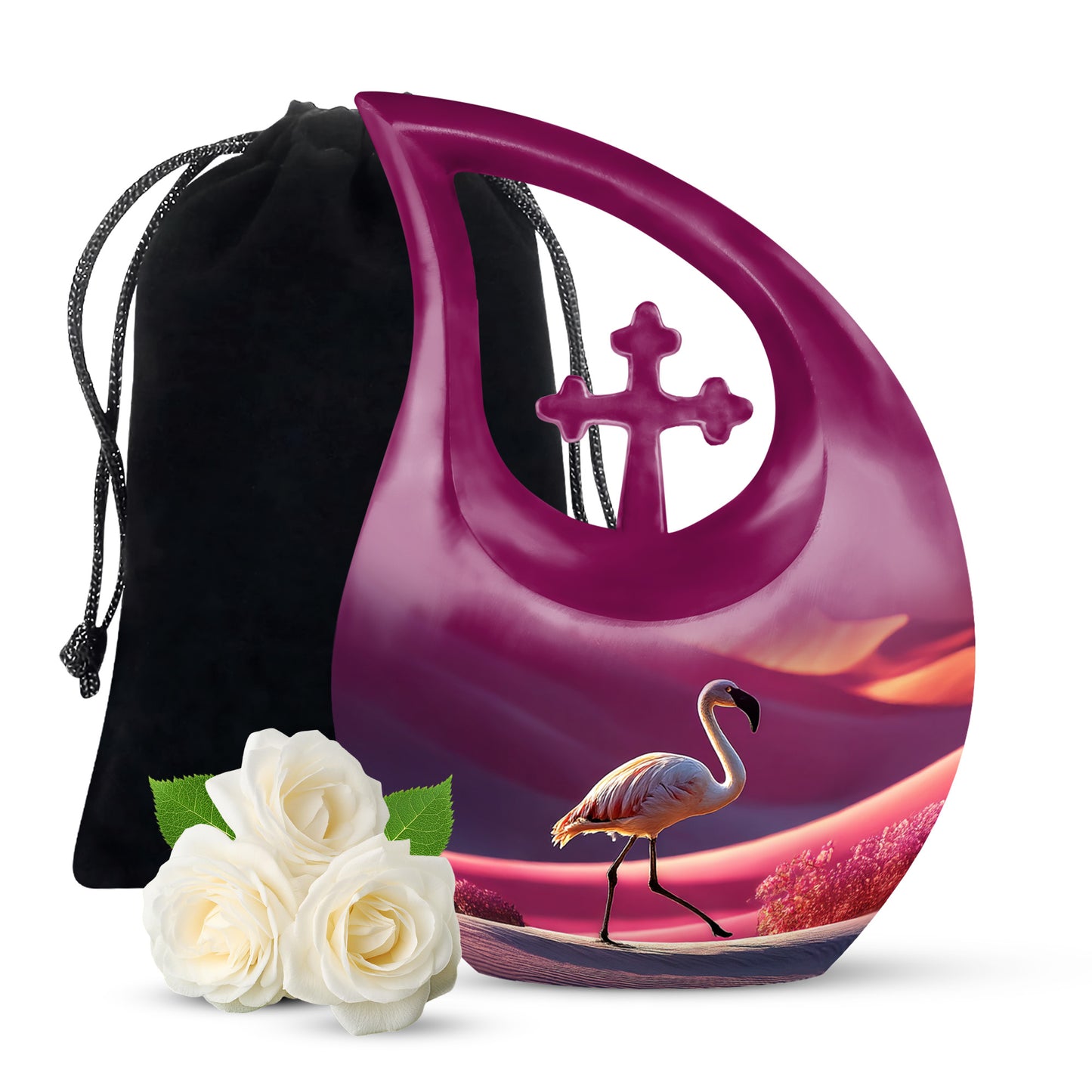Blush Pink Flamingo Cremation Urn top-down view of secure threaded lid - cross and flamingo combined in spiritual memorial design - full-size 10 inch 200 cubic inch adult cremation urn