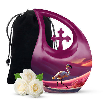 Blush Pink Flamingo Cremation Urn top-down view of secure threaded lid - cross and flamingo combined in spiritual memorial design - full-size 10 inch 200 cubic inch adult cremation urn