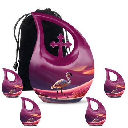 Pastel Pink Flamingo Cremation Urn urn with complimentary velvet bag - sacred cross merged with flamingo motif on metal - memorial set with one large and four small urns
