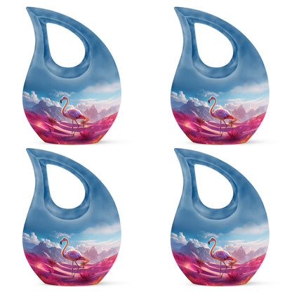 Indigo Flamingo Cremation Urn lifestyle display on memorial shelf - sacred cross merged with flamingo motif on metal - 10 inch aluminum urn for cremated remains