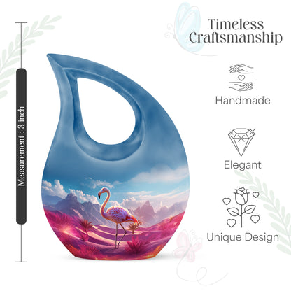 Powder Blue Flamingo Cremation Urn back view with polished surface - cross and flamingo combined in spiritual memorial design - mini keepsake memorial for portion of cremation ashes