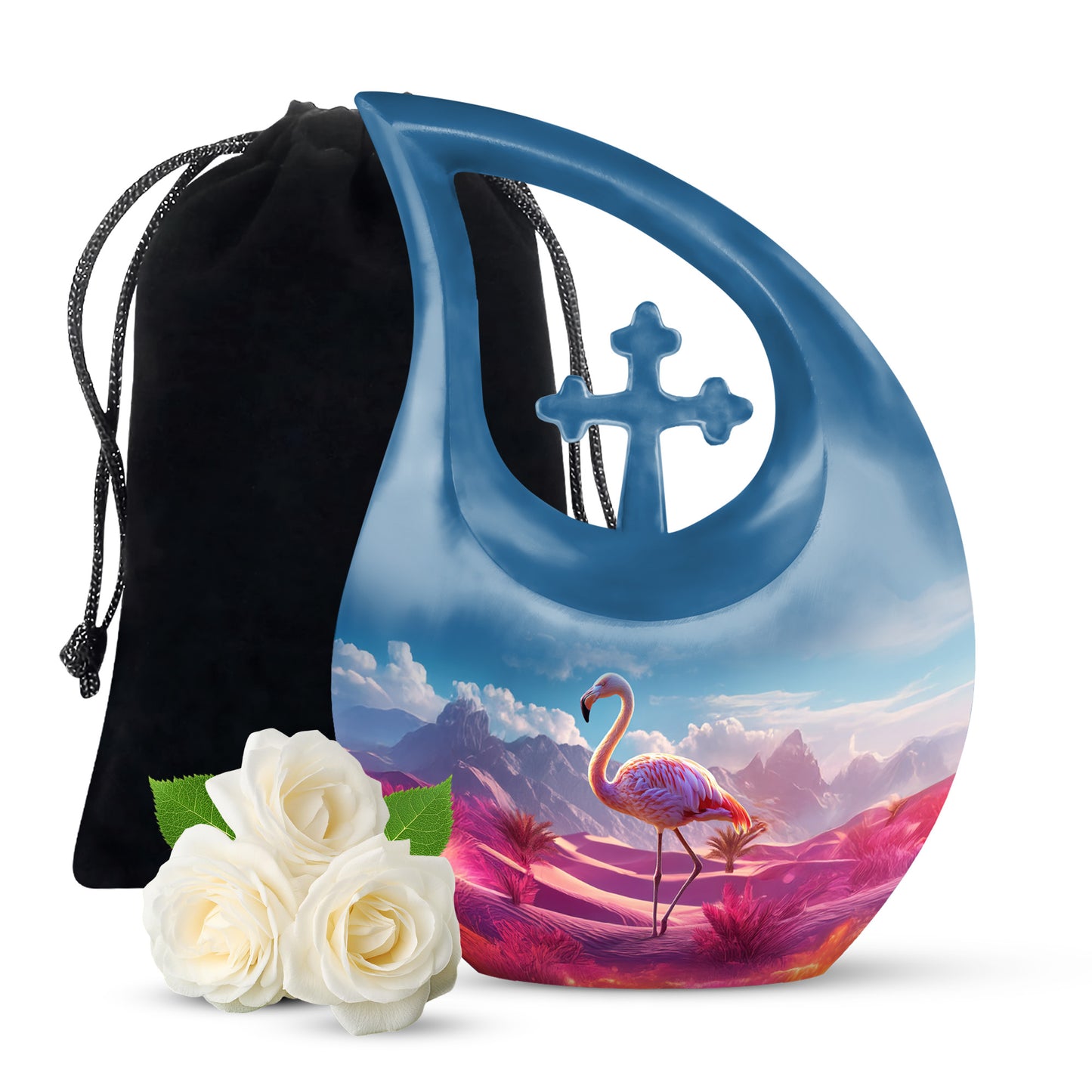 Twilight Blue Flamingo Cremation Urn top-down view of secure threaded lid - faith-inspired cross-drop urn with flamingo pattern - full-size 10 inch 200 cubic inch adult cremation urn