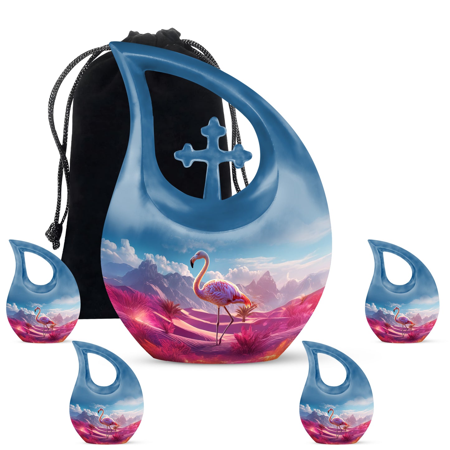 Serene Blue Flamingo Cremation Urn urn with complimentary velvet bag - faith-inspired cross-drop urn with flamingo pattern - memorial set with one large and four small urns