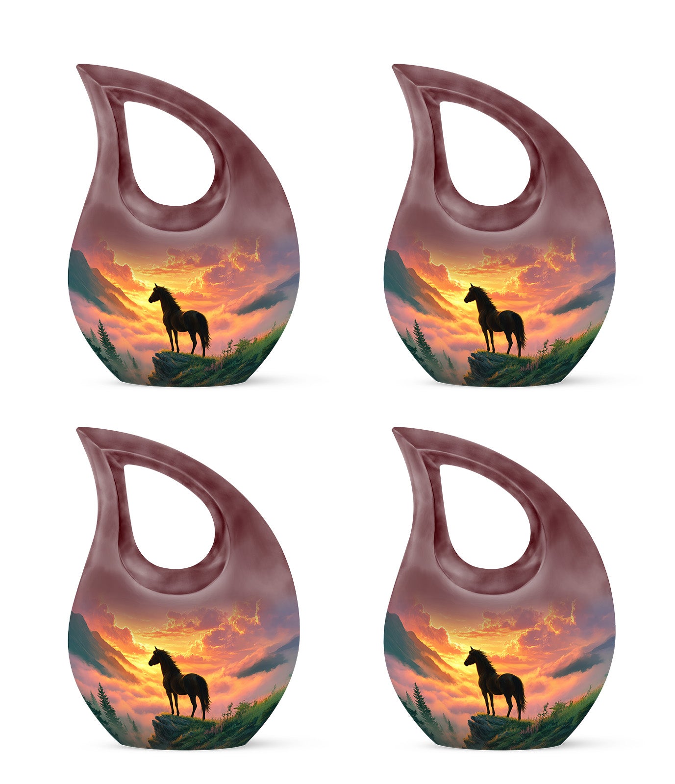 Fiery Red Horse Cremation Urn lifestyle display on memorial shelf - devotional cross-drop horse engraving - 10 inch aluminum urn for cremated remains