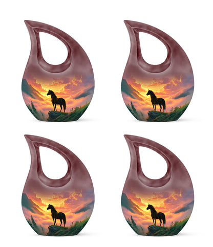 Fiery Red Horse Cremation Urn lifestyle display on memorial shelf - devotional cross-drop horse engraving - 10 inch aluminum urn for cremated remains