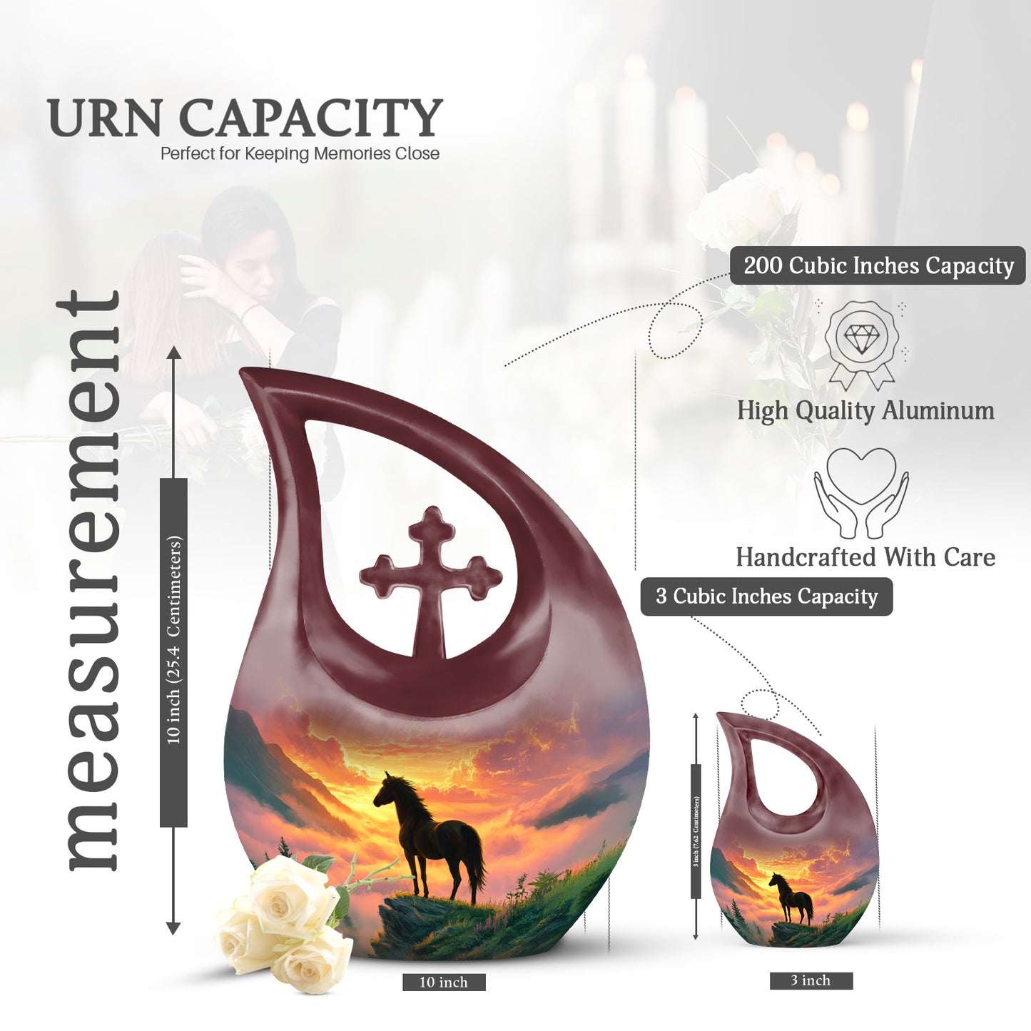 Scarlet Red Horse Cremation Urn back view with polished surface - devotional cross-drop horse engraving - mini keepsake memorial for portion of cremation ashes