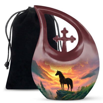 Garnet Red Horse Cremation Urn top-down view of secure threaded lid - cross and horse combined in spiritual memorial design - full-size 10 inch 200 cubic inch adult cremation urn