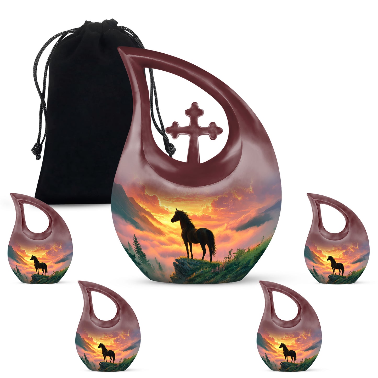 Burgundy Red Horse Cremation Urn urn with complimentary velvet bag - sacred cross merged with horse motif on metal - memorial set with one large and four small urns