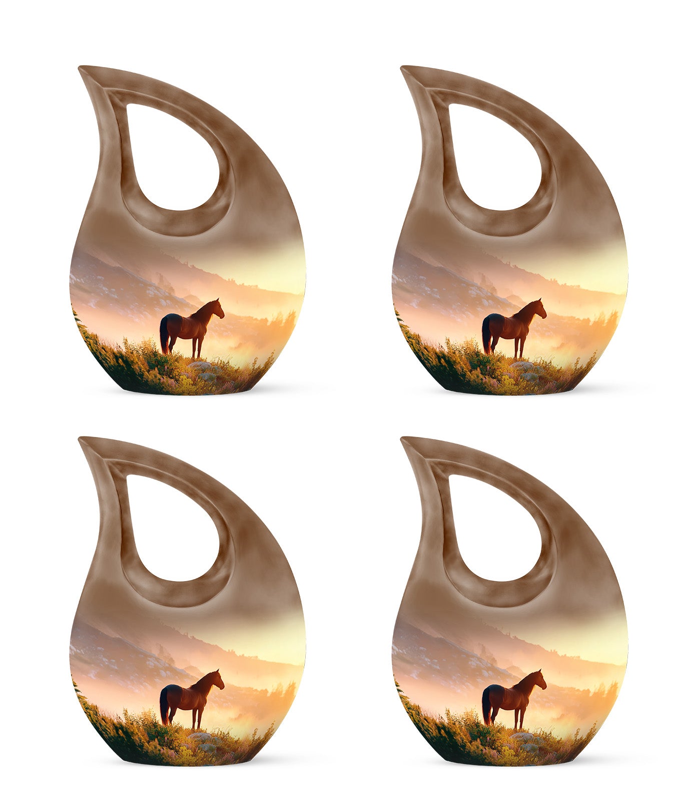 Harvest Gold Horse Cremation Urn lifestyle display on memorial shelf - faith-inspired cross-drop urn with horse pattern - 10 inch aluminum urn for cremated remains