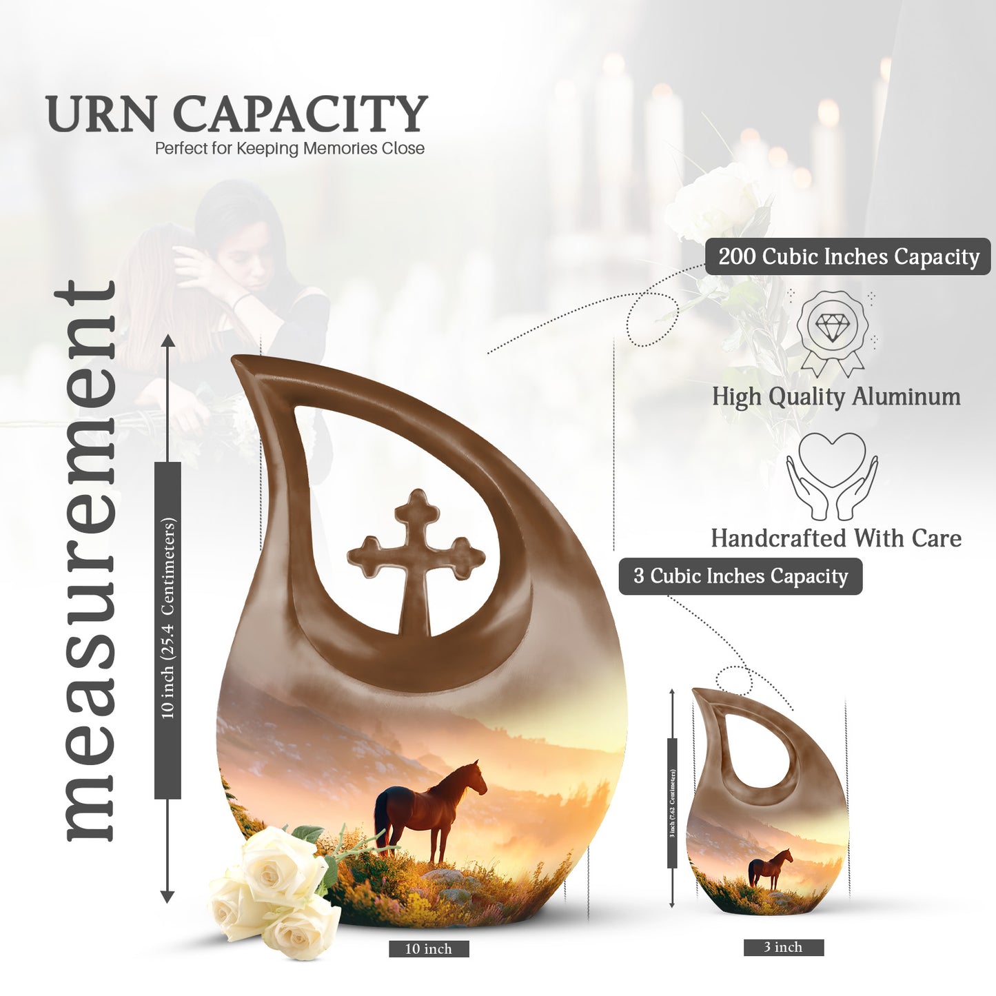 Royal Gold Horse Cremation Urn back view with polished surface - faith-inspired cross-drop urn with horse pattern - mini keepsake memorial for portion of cremation ashes