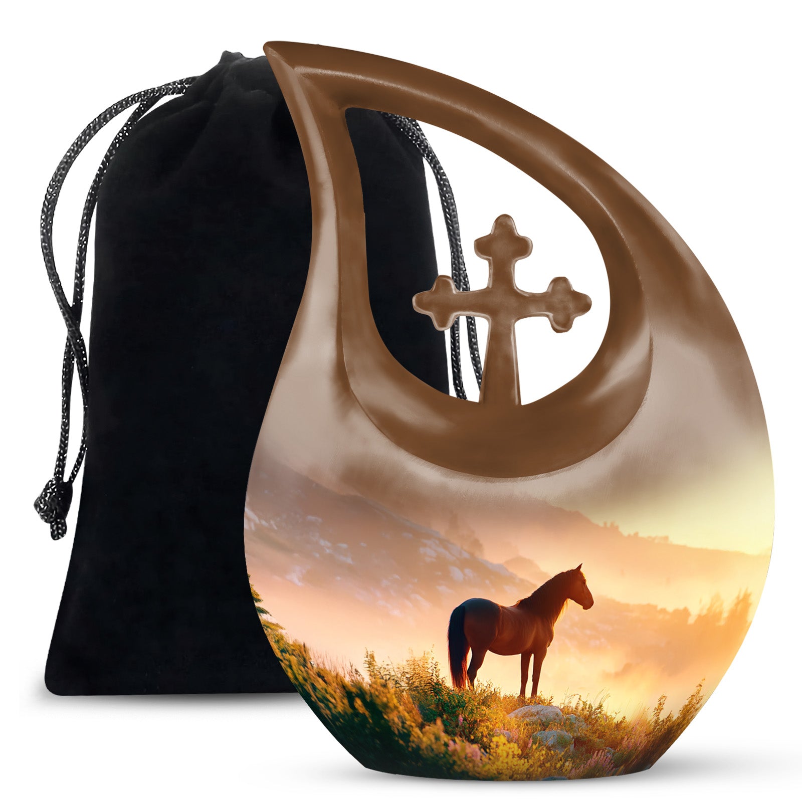 Warm Gold Horse Cremation Urn top-down view of secure threaded lid - devotional cross-drop horse engraving - full-size 10 inch 200 cubic inch adult cremation urn