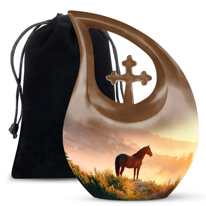Warm Gold Horse Cremation Urn top-down view of secure threaded lid - devotional cross-drop horse engraving - full-size 10 inch 200 cubic inch adult cremation urn