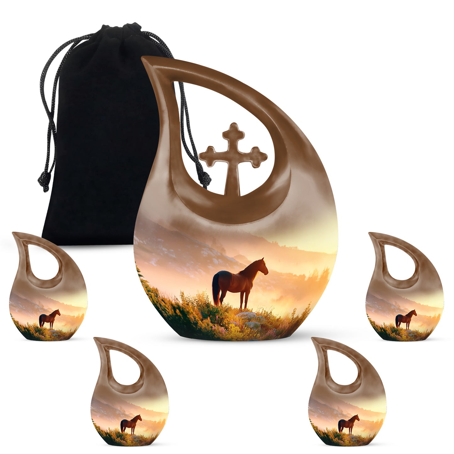 Burnished Gold Horse Cremation Urn urn with complimentary velvet bag - devotional cross-drop horse engraving - memorial set with one large and four small urns