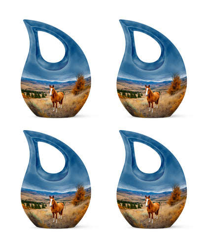 Powder Blue Horse Cremation Urn lifestyle display on memorial shelf - cross and horse combined in spiritual memorial design - 10 inch aluminum urn for cremated remains