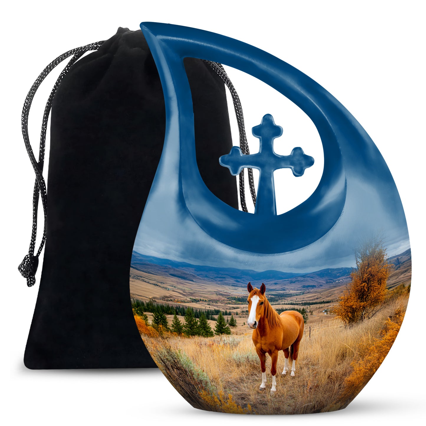 Royal Blue Horse Cremation Urn top-down view of secure threaded lid - devotional cross-drop horse engraving - full-size 10 inch 200 cubic inch adult cremation urn