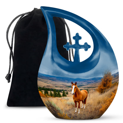 Royal Blue Horse Cremation Urn top-down view of secure threaded lid - devotional cross-drop horse engraving - full-size 10 inch 200 cubic inch adult cremation urn