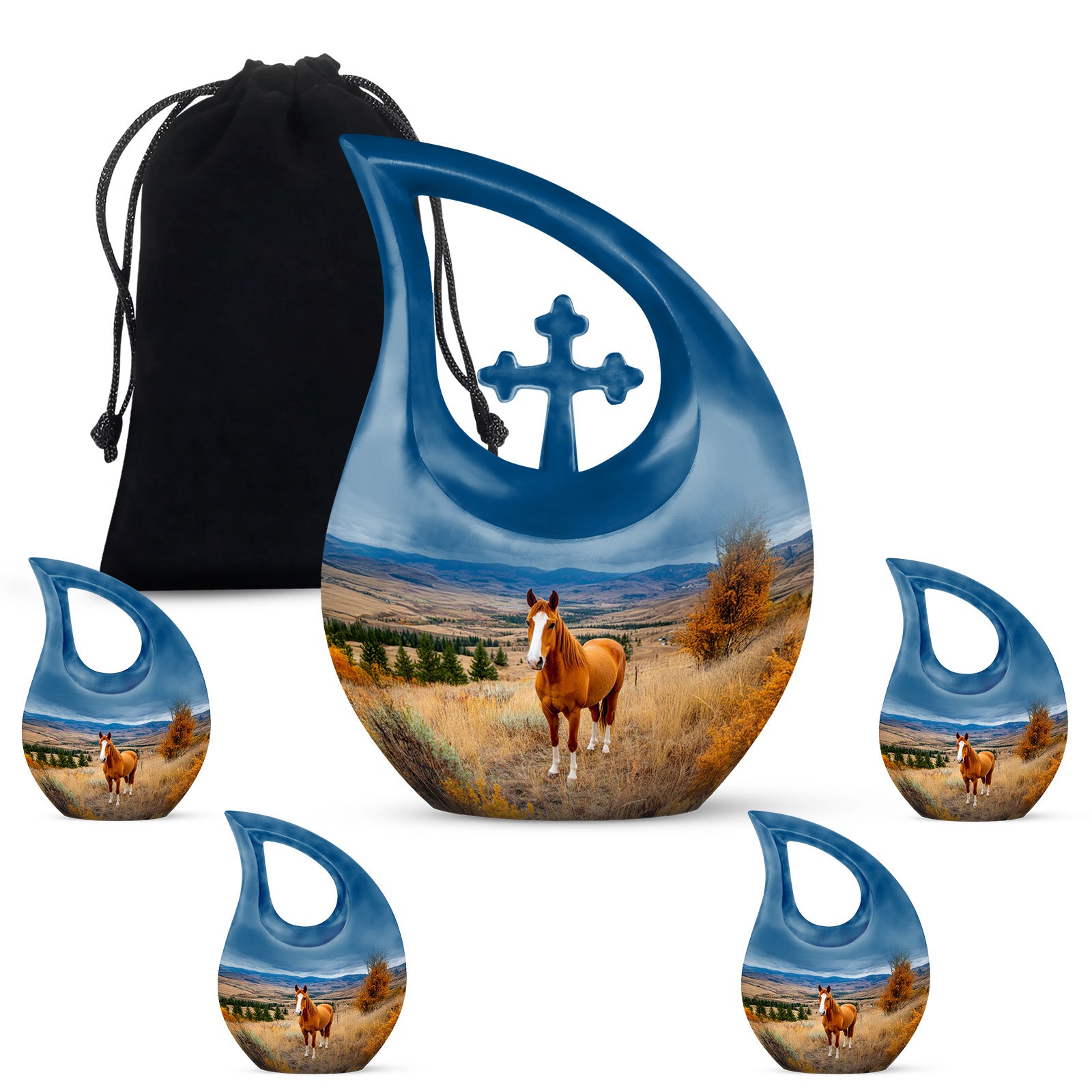 Cobalt Blue Horse Cremation Urn urn with complimentary velvet bag - devotional cross-drop horse engraving - memorial set with one large and four small urns