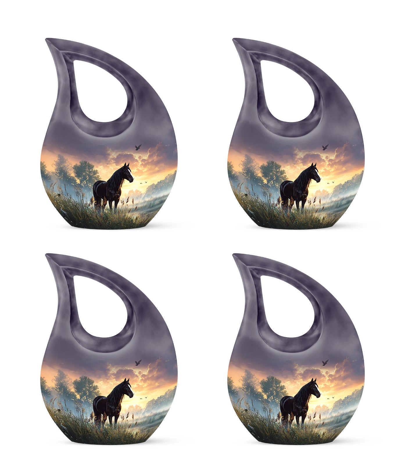 Obsidian Black Horse Cremation Urn lifestyle display on memorial shelf - faith-inspired cross-drop urn with horse pattern - 10 inch aluminum urn for cremated remains