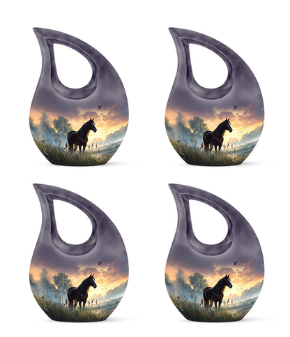 Obsidian Black Horse Cremation Urn lifestyle display on memorial shelf - faith-inspired cross-drop urn with horse pattern - 10 inch aluminum urn for cremated remains
