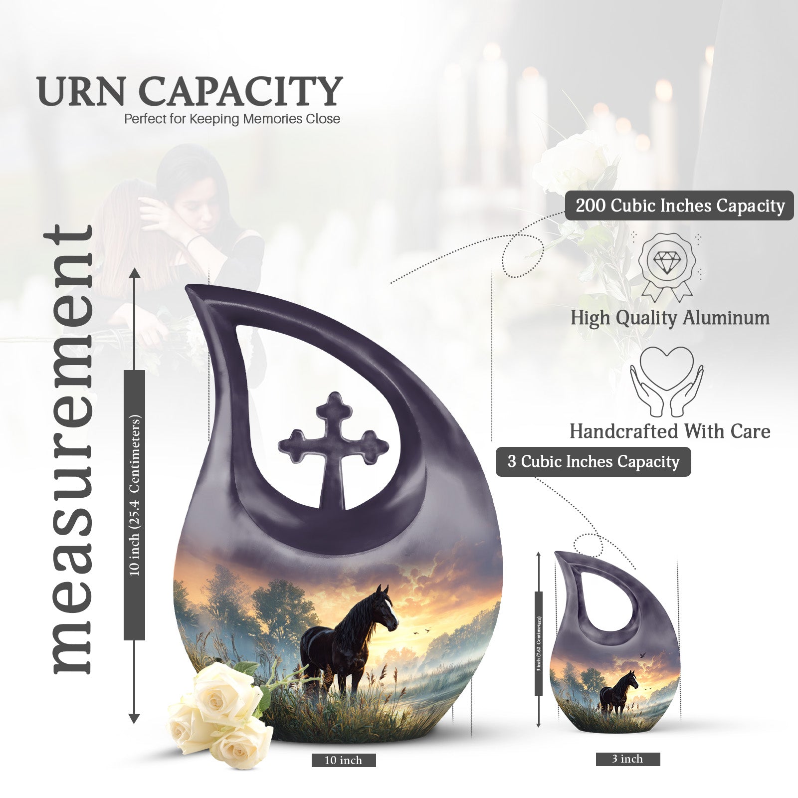 Glossy Black Horse Cremation Urn back view with polished surface - cross and horse combined in spiritual memorial design - mini keepsake memorial for portion of cremation ashes