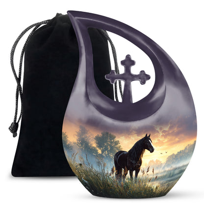 Rich Black Horse Cremation Urn top-down view of secure threaded lid - sacred cross merged with horse motif on metal - full-size 10 inch 200 cubic inch adult cremation urn