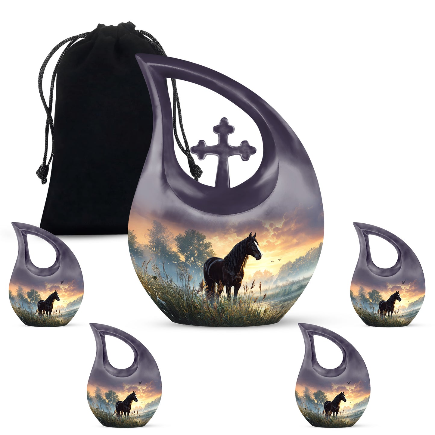 Obsidian Black Horse Cremation Urn urn with complimentary velvet bag - faith-inspired cross-drop urn with horse pattern - memorial set with one large and four small urns