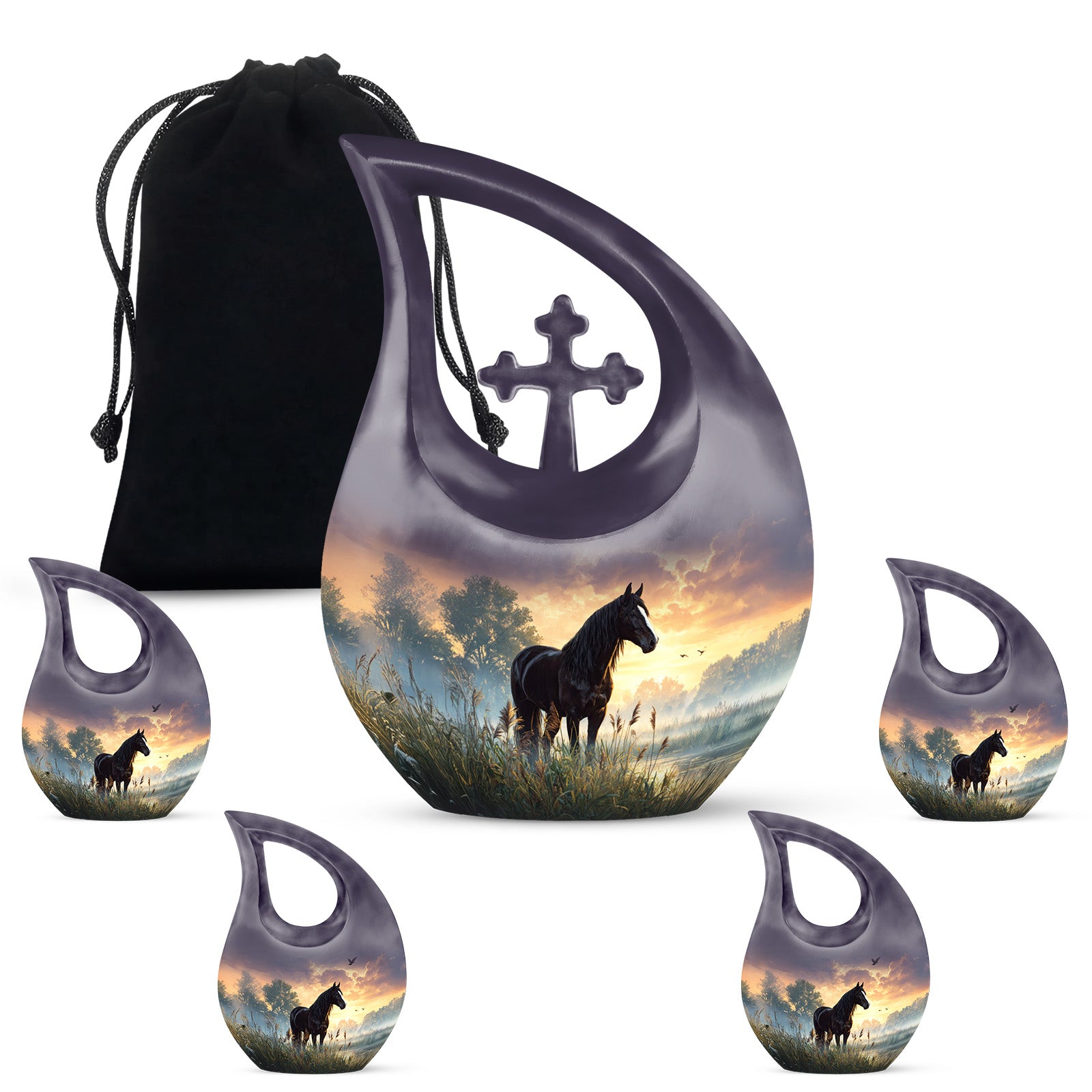 Obsidian Black Horse Cremation Urn urn with complimentary velvet bag - faith-inspired cross-drop urn with horse pattern - memorial set with one large and four small urns