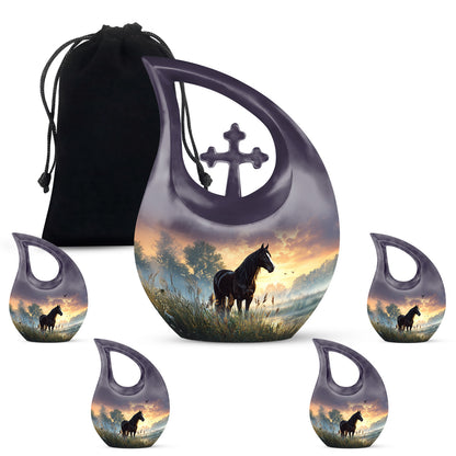 Obsidian Black Horse Cremation Urn urn with complimentary velvet bag - faith-inspired cross-drop urn with horse pattern - memorial set with one large and four small urns